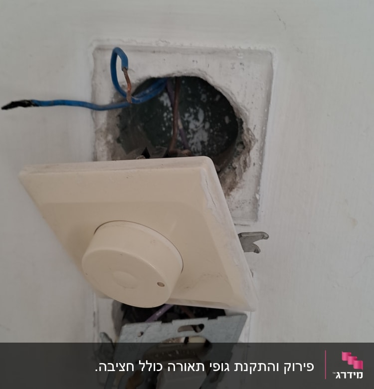 חוטי חשמל חשופים בקיר עם מתג מפורק